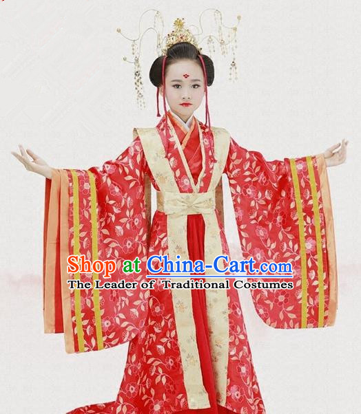 Traditional Ancient Chinese Imperial Consort Fairy Embroidery Wedding Costume, Children Elegant Hanfu Clothing Tang Dynasty Queen Red Dress Clothing for Kids