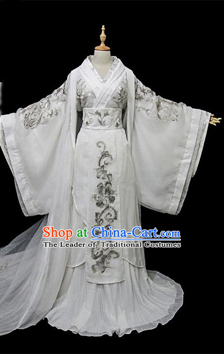 Traditional Ancient Chinese Female Embroidered Costume, Chinese Han Dynasty Imperial Fairy White Dress Hanfu Clothing for Women