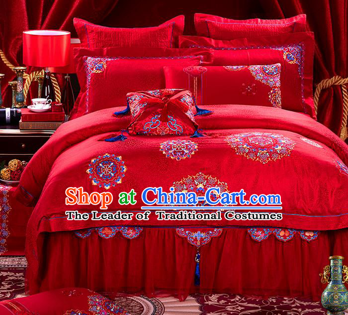 Traditional Asian Chinese Style Wedding Article Embroidery Satin Drill Bedding Sheet Complete Set, Duvet Cover Red Textile Bedding Suit