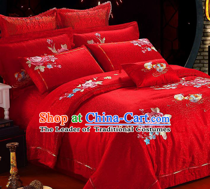 Traditional Asian Chinese Style Wedding Article Embroidery Peony Satin Drill Bedding Sheet Complete Set, Duvet Cover Mandarin Duck Red Lace Textile Bedding Ten-piece Suit