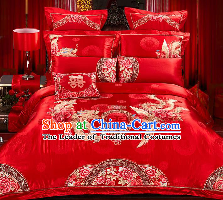 Traditional Asian Chinese Style Wedding Article Embroidery Dragon and Phoenix Bedding Sheet Complete Set, Peony Duvet Cover Red Satin Drill Textile Bedding Ten-piece Suit