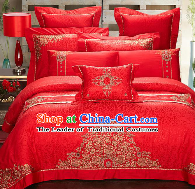 Traditional Asian Chinese Style Wedding Article Embroidery Jacquard Weave Bedding Sheet Complete Set, Red Eleven-piece Duvet Cover Satin Drill Textile Bedding Suit