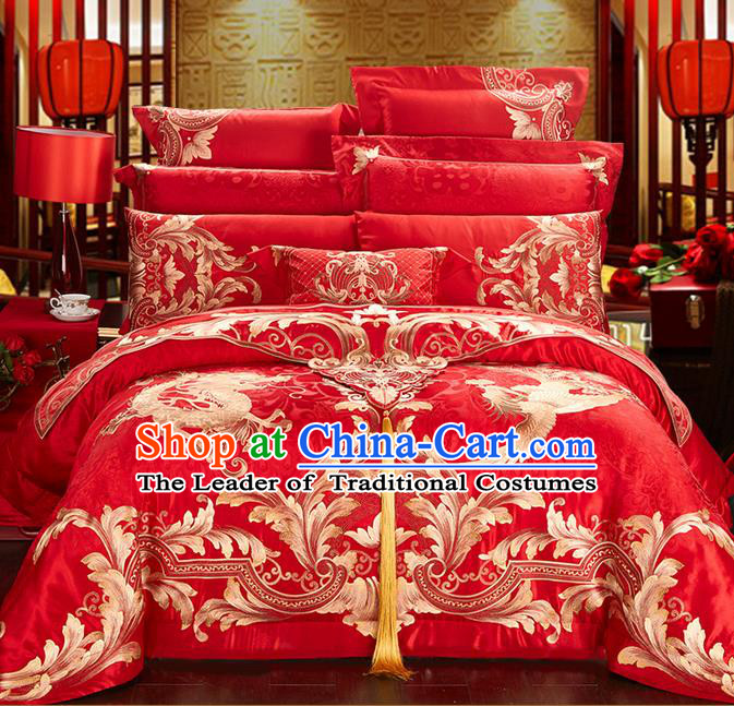 Traditional Asian Chinese Style Wedding Article Bedding Sheet Complete Set, Golden Embroidery Dragon and Phoenix Red Eleven-piece Duvet Cover Satin Drill Textile Bedding Suit