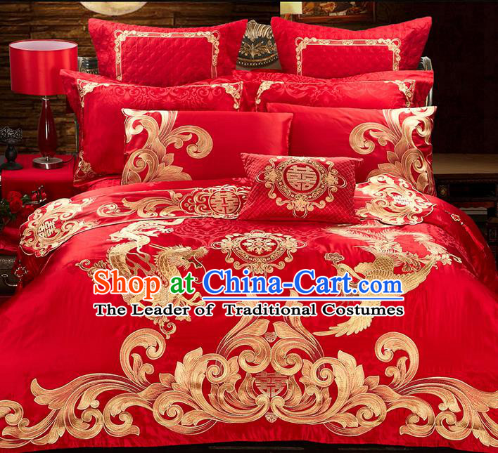 Traditional Asian Chinese Style Wedding Article Bedding Red Sheet Complete Set, Embroidery Dragon and Phoenix Eleven-piece Duvet Cover Satin Drill Textile Bedding Suit