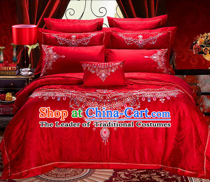Traditional Asian Chinese Style Wedding Article Bedding Red Sheet Complete Set, Embroidery Bride Ten-piece Duvet Cover Satin Drill Textile Bedding Suit