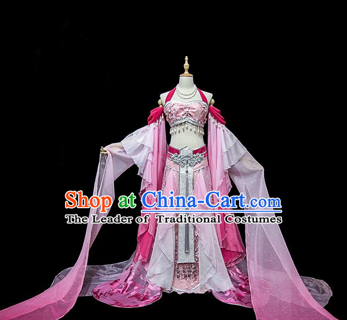 Traditional Ancient Chinese Palace Lady Embroidered Dance Costume, Chinese Tang Dynasty Princess Pink Water Sleeve Dress Hanfu Clothing for Women