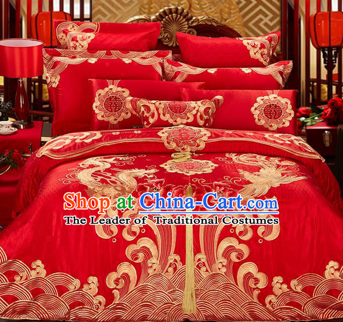 Traditional Asian Chinese Style Wedding Article Bedding Golden Dragon and Phoenix Sheet Complete Set, Embroidery Peony Eleven-piece Duvet Cover Satin Drill Textile Bedding Suit