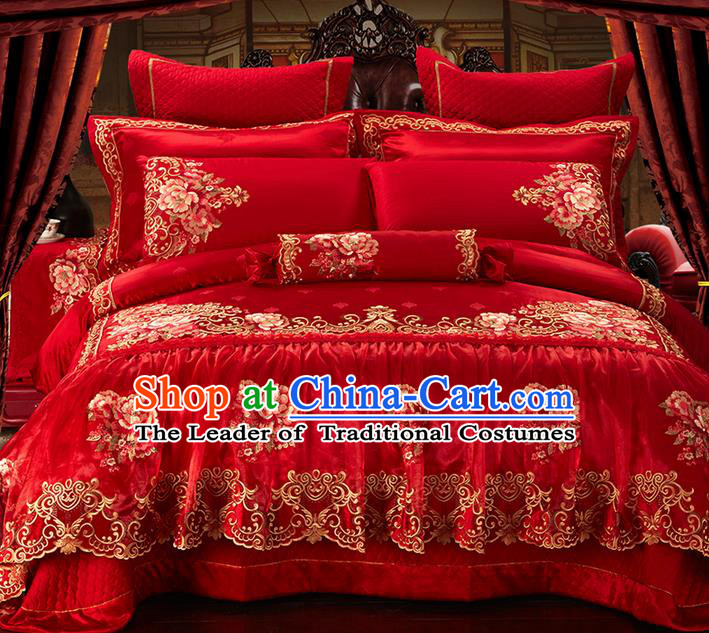 Traditional Asian Chinese Style Wedding Article Embroidery Peony Satin Drill Bedding Sheet Complete Set, Duvet Cover Red Lace Textile Bedding Ten-piece Suit