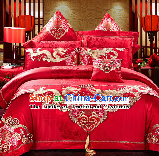 Traditional Asian Chinese Style Wedding Article Palace Embroidered Peony Qulit Cover Bedding Sheet Complete Set, Dragon and Phoenix Jacquard Weave Satin Drill Eleven-piece Duvet Cover Textile Bedding Suit