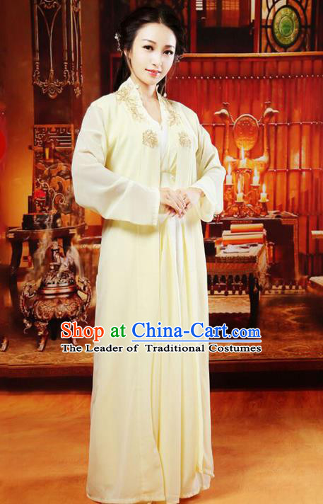 Traditional Asian Chinese Ancient Swordswoman Costume, China Elegant Hanfu Clothing Tang Dynasty Palace Princess Fairy Yellow Dress Clothing for Women