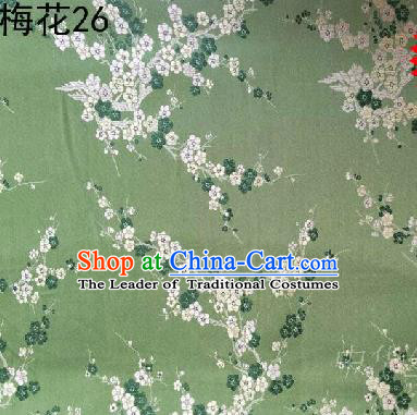 Asian Chinese Traditional Embroidery White Plum Blossom Light Green Silk Fabric, Top Grade Brocade Embroidered Tang Suit Hanfu Dress Fabric Cheongsam Cloth Material