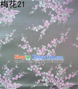 Asian Chinese Traditional Embroidery Pink Plum Blossom Grey Silk Fabric, Top Grade Brocade Embroidered Tang Suit Hanfu Dress Fabric Cheongsam Cloth Material