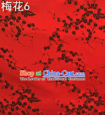 Asian Chinese Traditional Embroidery Black Plum Blossom Red Silk Fabric, Top Grade Brocade Embroidered Tang Suit Hanfu Dress Fabric Cheongsam Cloth Material