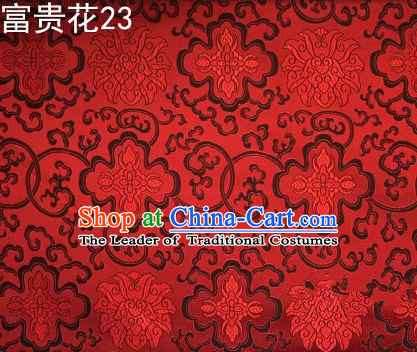 Asian Chinese Traditional Riches and Honour Flowers Red Embroidered Silk Fabric, Top Grade Arhat Bed Brocade Satin Tang Suit Hanfu Dress Fabric Cheongsam Cloth Material