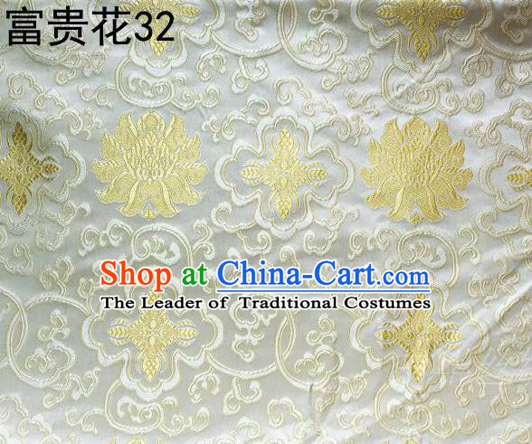 Asian Chinese Traditional Golden Riches and Honour Flowers Embroidered White Silk Fabric, Top Grade Arhat Bed Brocade Satin Tang Suit Hanfu Dress Fabric Cheongsam Cloth Material