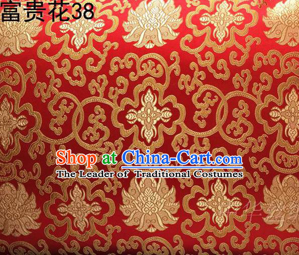 Asian Chinese Traditional Golden Riches and Honour Flowers Embroidered Red Silk Fabric, Top Grade Arhat Bed Brocade Satin Tang Suit Hanfu Dress Fabric Cheongsam Cloth Material