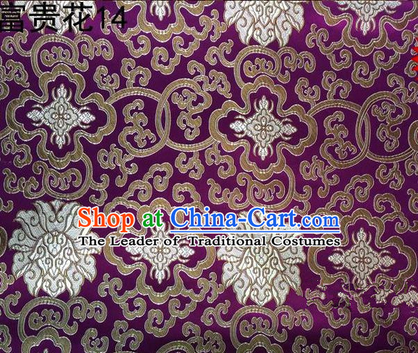 Asian Chinese Traditional Golden Riches and Honour Flowers Embroidered Purple Silk Fabric, Top Grade Arhat Bed Brocade Satin Tang Suit Hanfu Dress Fabric Cheongsam Cloth Material