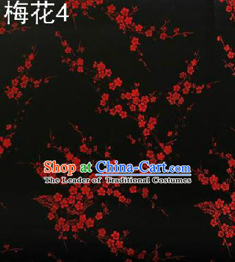 Asian Chinese Traditional Embroidery Red Plum Blossom Black Silk Fabric, Top Grade Brocade Embroidered Tang Suit Hanfu Dress Fabric Cheongsam Cloth Material