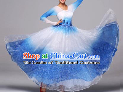 Chinese Classic Stage Performance Dance Costumes, Opening Dance Competition Blue Dress, Folk Dance Classic Big Swing Clothing for Women