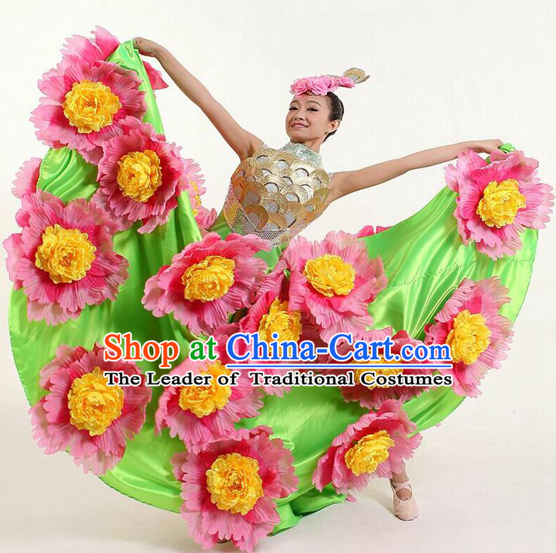 Chinese Classic Stage Performance Dance Costumes, Opening Dance Competition Flowers Green Dress, Folk Dance Classic Big Swing Clothing for Women