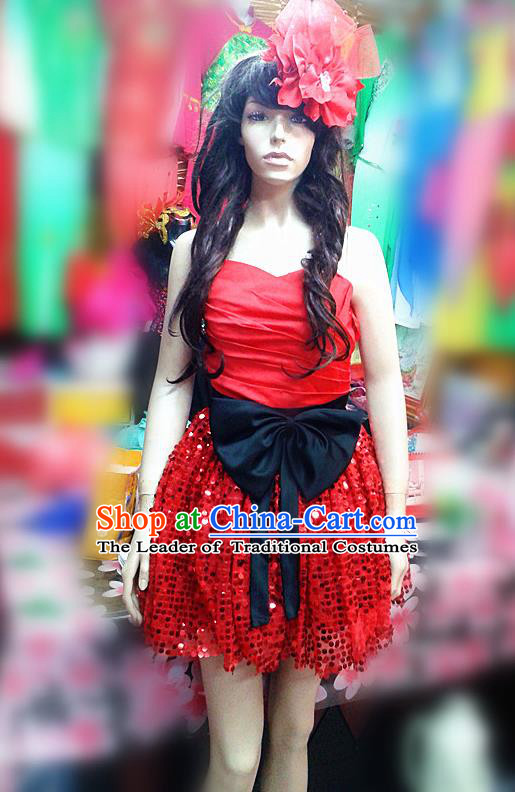 Chinese Classic Stage Performance Dance Costumes, Opening Dance Jazz Red Dress, Folk Dance Classic Short Dress for Women
