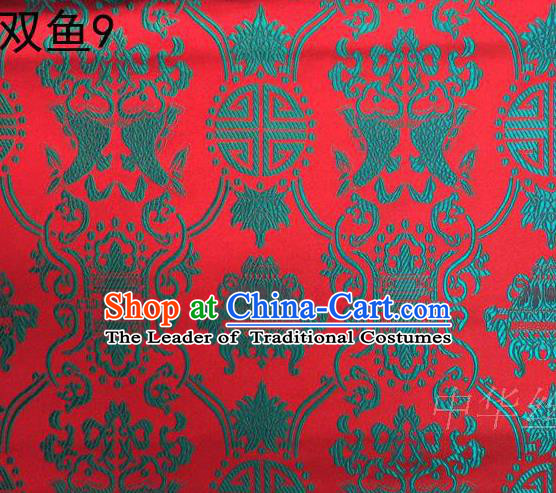 Asian Chinese Traditional Embroidery Green Longevity Red Satin Silk Fabric, Top Grade Brocade Tang Suit Hanfu Princess Dress Fabric Cheongsam Mattress Cloth Material