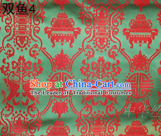 Asian Chinese Traditional Embroidery Red Longevity Green Satin Silk Fabric, Top Grade Brocade Tang Suit Hanfu Princess Dress Fabric Cheongsam Mattress Cloth Material