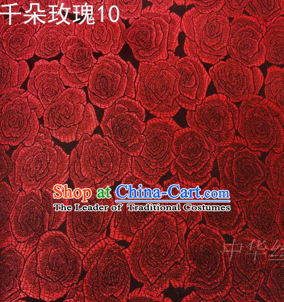 Asian Chinese Traditional Jacquard Weave Rose Flowers Purplish Red Satin Mulberry Silk Fabric, Top Grade Brocade Tang Suit Hanfu Princess Dress Fabric Cheongsam Cloth Material