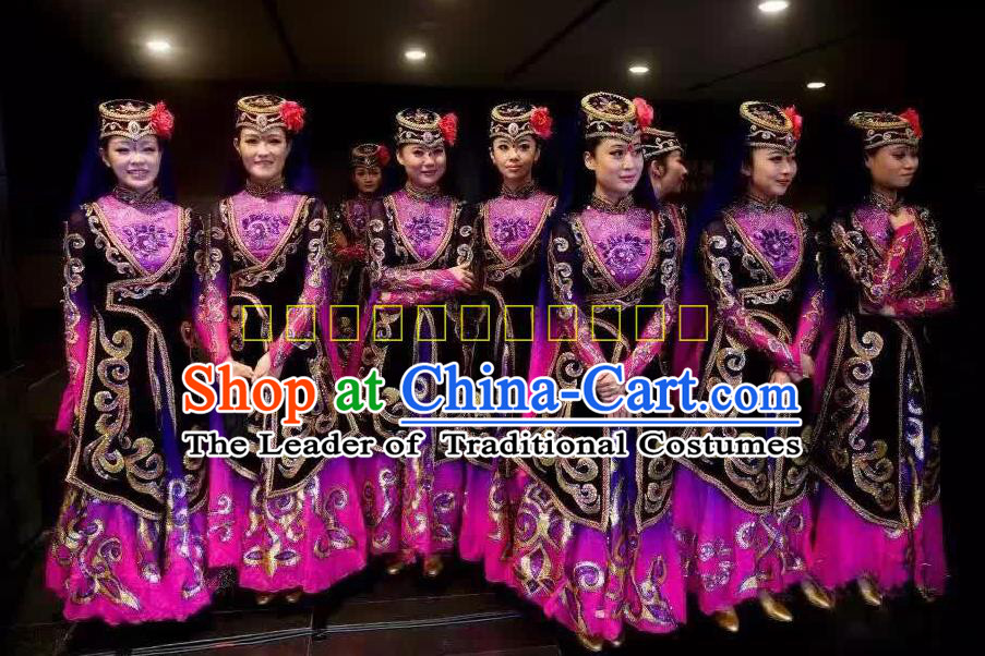 Traditional Chinese Uyghur Nationality Dancing Costume, Chinese Minority Nationality Uigurian Purple Dance Dress for Women