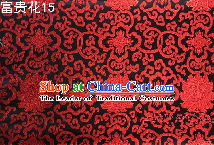 Asian Chinese Traditional Red Riches and Honour Flowers Embroidered Black Silk Fabric, Top Grade Arhat Bed Brocade Satin Tang Suit Hanfu Dress Fabric Cheongsam Cloth Material