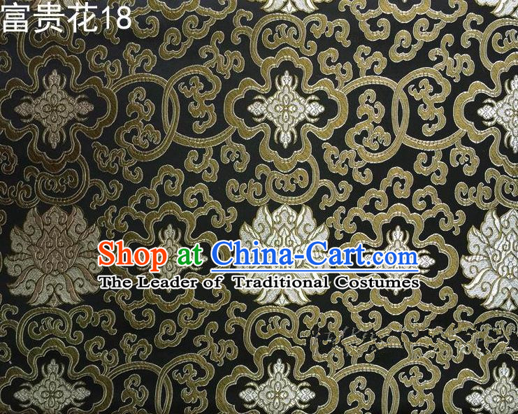 Asian Chinese Traditional Golden Riches and Honour Flowers Embroidered Black Silk Fabric, Top Grade Arhat Bed Brocade Satin Tang Suit Hanfu Dress Fabric Cheongsam Cloth Material