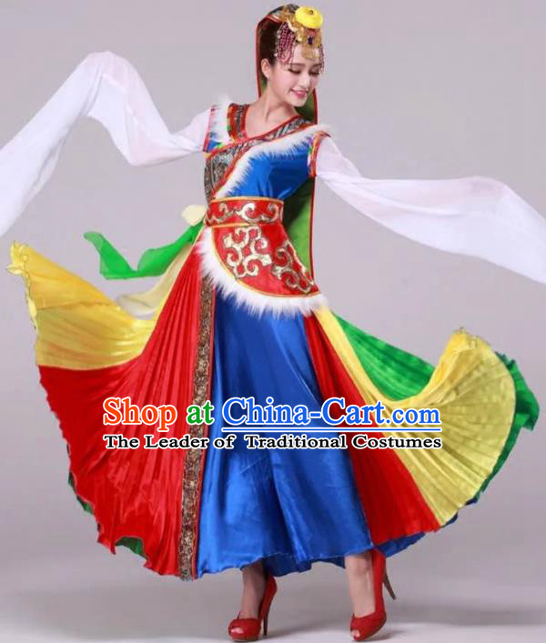 Traditional Chinese Zang Nationality Dancing Costume, Tibetan Folk Dance Ethnic Pleated Skirt, Chinese Minority Nationality Embroidery Costume for Women