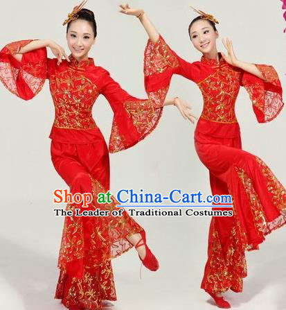 Traditional Chinese Classical Dance Yangge Fan Dance Costume, Folk Dance Drum Dance Red Uniform Yangko Costume Complete Set for Women