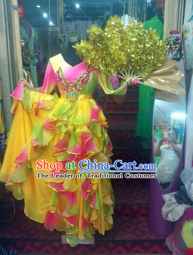 Chinese Classic Stage Performance Dance Costumes, Opening Dance Competition Yellow Dress, Classic Big Swing Dance Clothing for Women