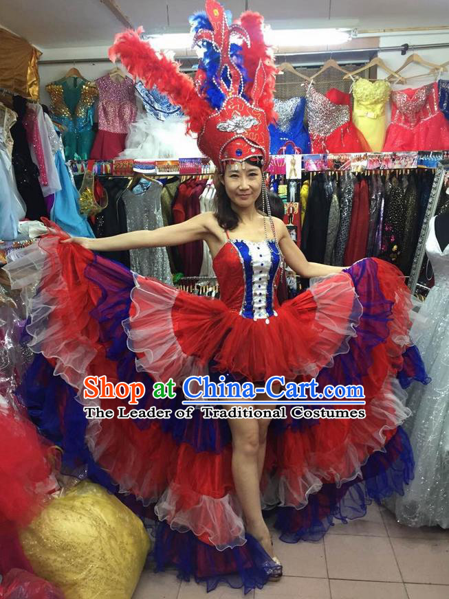 Chinese Classic Stage Performance Dance Costumes, Opening Dance Competition Red Dress, Folk Dance Classic Carnival Clothing for Women