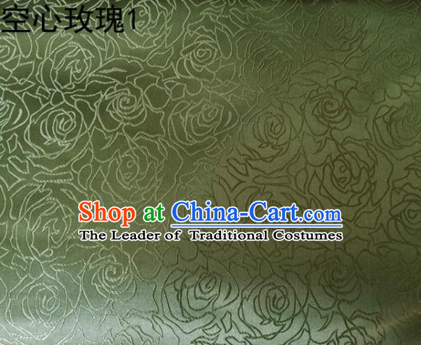 Asian Chinese Traditional Jacquard Weave Embroidered Rose Flowers Green Satin Silk Fabric, Top Grade Brocade Tang Suit Hanfu Coat Dress Fabric Cheongsam Cloth Material