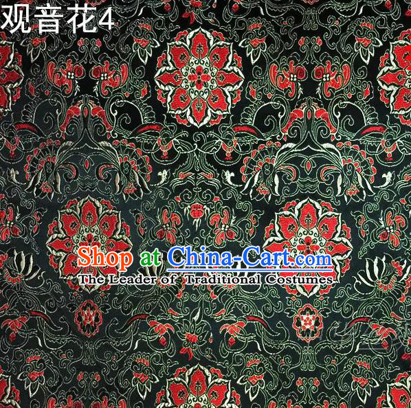 Asian Chinese Traditional Embroidering Avalokitesvara Flowers Thangka Satin Deep Green Silk Fabric, Top Grade Brocade Tang Suit Hanfu Full Dress Fabric Cheongsam Cloth Material