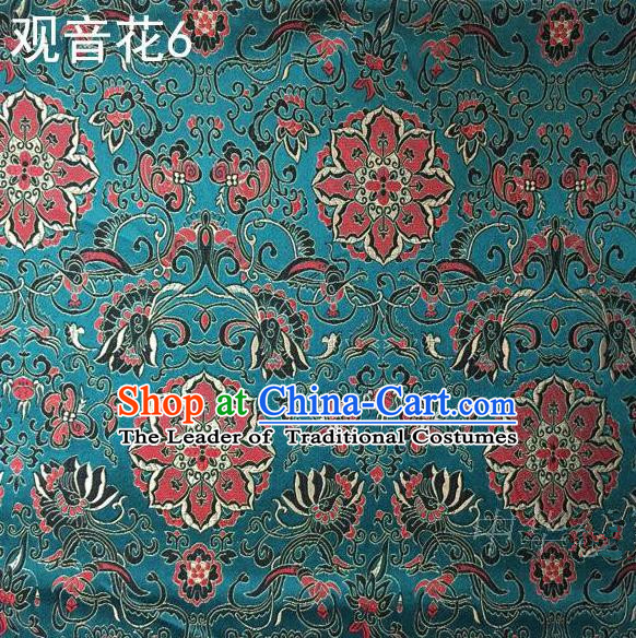 Asian Chinese Traditional Embroidering Avalokitesvara Flowers Thangka Satin Green Silk Fabric, Top Grade Brocade Tang Suit Hanfu Full Dress Fabric Cheongsam Cloth Material