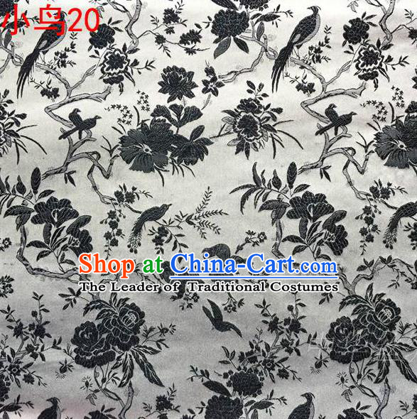 Asian Chinese Traditional Embroidery Black Magpie Peony Satin White Silk Fabric, Top Grade Brocade Tang Suit Hanfu Full Dress Fabric Cheongsam Cloth Material