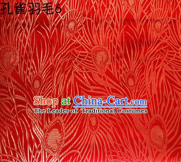 Asian Chinese Traditional Embroidery Golden Peacock Feathers Red Satin Wedding Silk Fabric, Top Grade Brocade Tang Suit Hanfu Dress Fabric Cheongsam Cloth Material