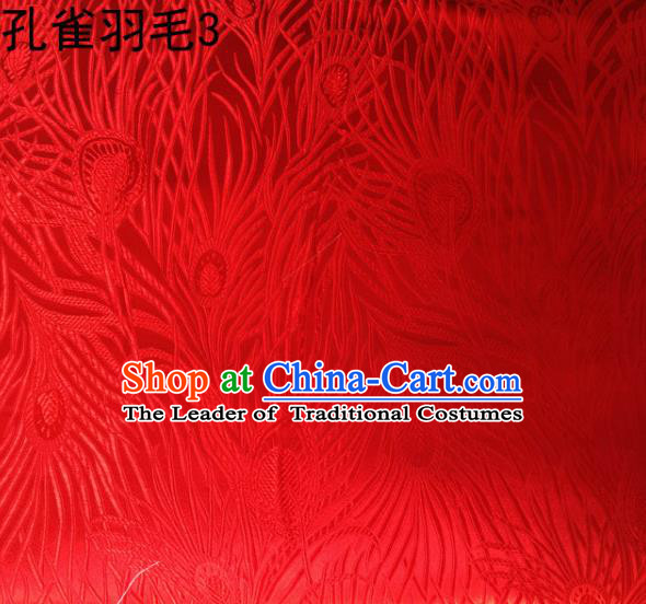 Asian Chinese Traditional Embroidery Peacock Feathers Red Satin Wedding Silk Fabric, Top Grade Brocade Tang Suit Hanfu Dress Fabric Cheongsam Cloth Material