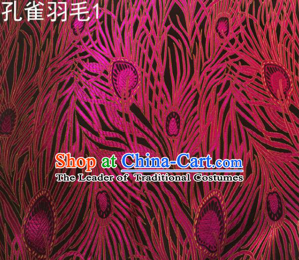 Asian Chinese Traditional Embroidery Peacock Feathers Rosy Satin Wedding Silk Fabric, Top Grade Brocade Tang Suit Hanfu Dress Fabric Cheongsam Cloth Material