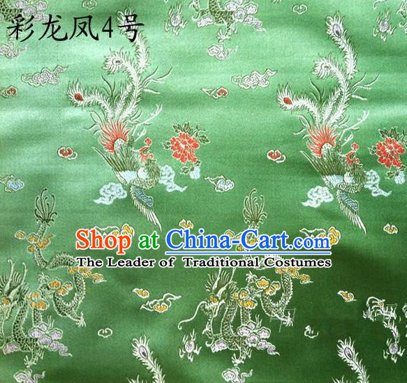 Asian Chinese Traditional Embroidery Colorful Dragon and Phoenix Bringing Prosperity Green Satin Silk Fabric, Top Grade Tibetan Brocade Tang Suit Hanfu Fabric Cheongsam Cloth Material