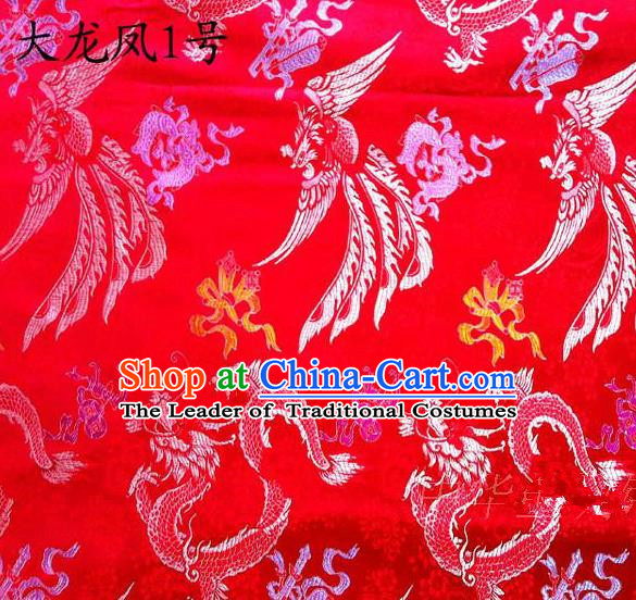 Asian Chinese Traditional Embroidery Dragon and Phoenix Bringing Prosperity Red Satin Silk Fabric, Top Grade Tibetan Brocade Tang Suit Hanfu Fabric Cheongsam Cloth Material