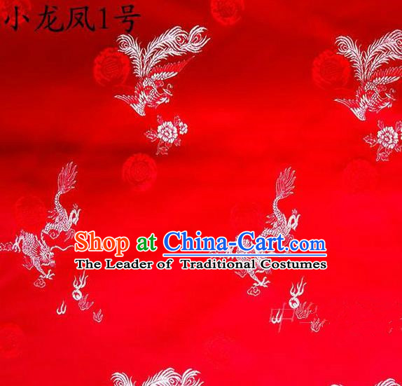 Asian Chinese Traditional Embroidery Dragon and Phoenix Bringing Prosperity Red Satin Silk Fabric, Top Grade Tibetan Brocade Tang Suit Hanfu Fabric Cheongsam Cloth Material