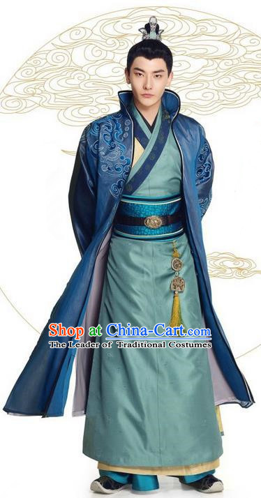 Asian Chinese Northern and Southern Dynasty Nobility Childe Costume and Headpiece Complete Set, China Ancient Elegant Hanfu Prince Embroidered Robes