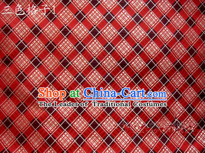 Asian Chinese Traditional Tartan Design Mulberry Silk Fabric, Top Grade Nanjing Brocade Tang Suit Hanfu Red Fabric Cheongsam Cloth Material