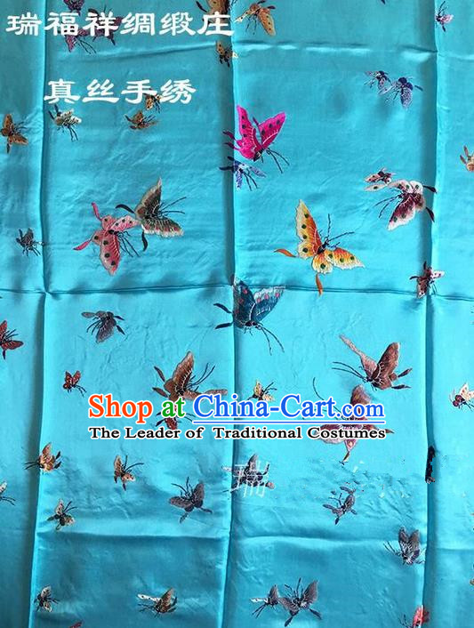 Asian Chinese Traditional Handmade Suzhou Embroidery Butterfly Dancing Satin Silk Fabric, Top Grade Quilt Cover Brocade Blue Fabric Cloth Material