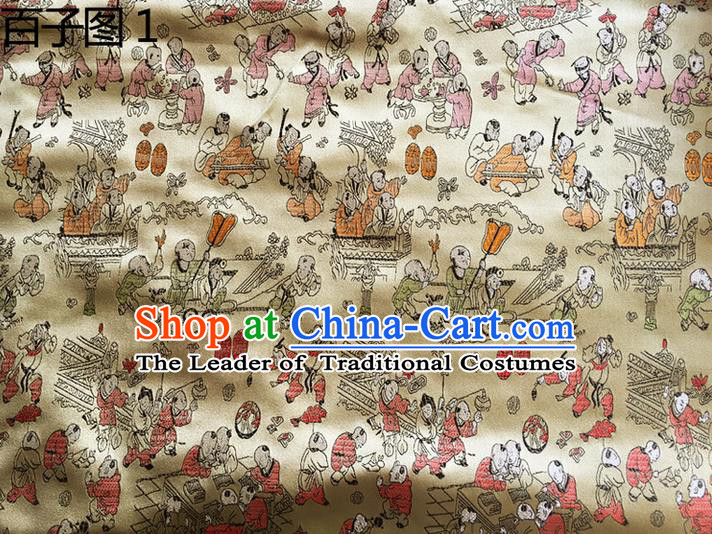 Asian Chinese Traditional Handmade Suzhou Embroidery Hundred Sons Diagram Satin Silk Fabric, Top Grade Hanfu Brocade Tang Suit Fabric Cheongsam Golden Cloth Material