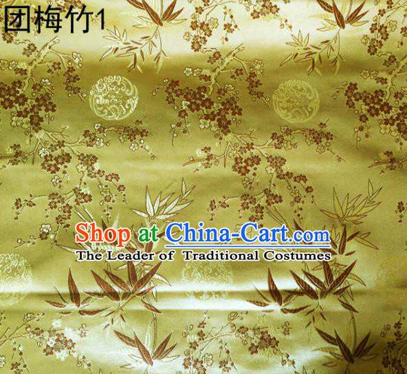 Asian Chinese Traditional Handmade Embroidery Plum and Bamboo Silk Fabric, Top Grade Nanjing Brocade Tang Suit Hanfu Golden Fabric Cheongsam Cloth Material